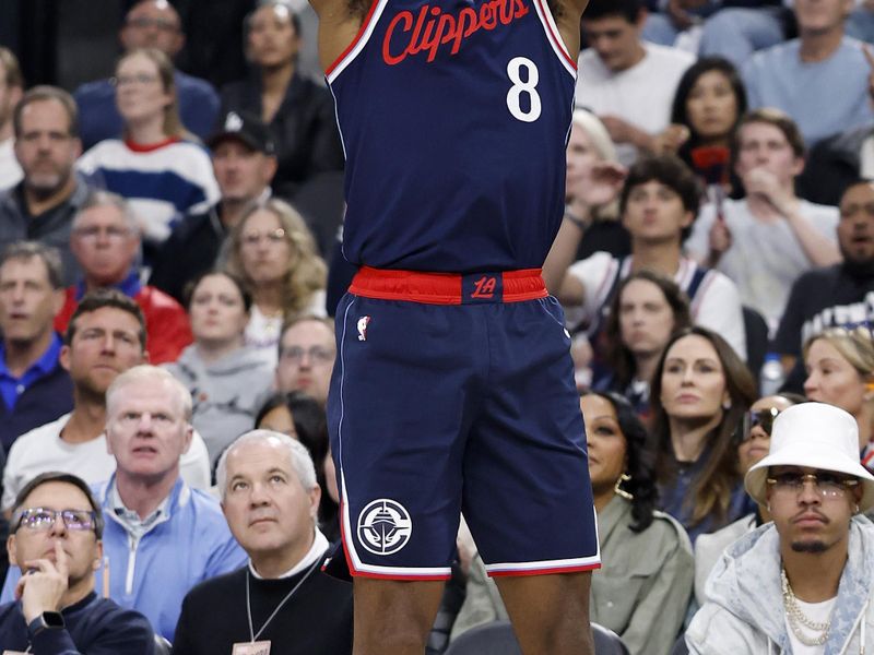 INGLEWOOD, CALIFORNIA - APRIL 26: Kris Dunn #8 of the LA Clippers shoots in the first quarter of a game in Game Four of the Western Conference First Round NBA Playoffs against the Denver Nuggets at Intuit Dome on April 26, 2025 in Inglewood, California. NOTE TO USER: User expressly acknowledges and agrees that, by downloading and or using this photograph, User is consenting to the terms and conditions of the Getty Images License Agreement. (Photo by Ronald Martinez/Getty Images)