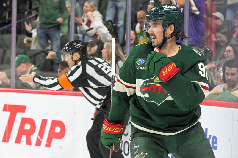 Nov 15, 2025; Saint Paul, Minnesota, USA;  Minnesota Wild forward Marcus Johansson (90) celebrates his goal against the Anaheim Ducks during the second period at Grand Casino Arena. Mandatory Credit: Nick Wosika-Imagn Images