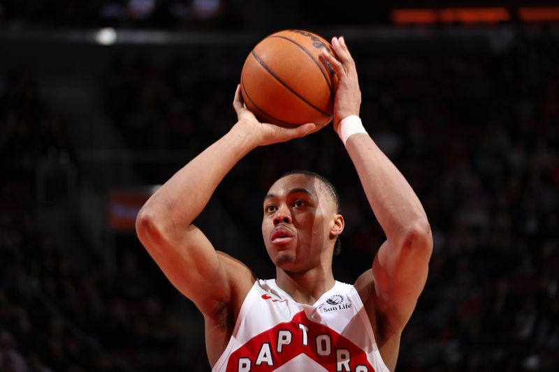 TORONTO, CANADA - JANUARY 22: Scottie Barnes #4 of the Toronto Raptors shoots a free throw during the game against the Memphis Grizzlies on January 22, 2024 at the Scotiabank Arena in Toronto, Ontario, Canada.  NOTE TO USER: User expressly acknowledges and agrees that, by downloading and or using this Photograph, user is consenting to the terms and conditions of the Getty Images License Agreement.  Mandatory Copyright Notice: Copyright 2024 NBAE (Photo by Vaughn Ridley/NBAE via Getty Images)