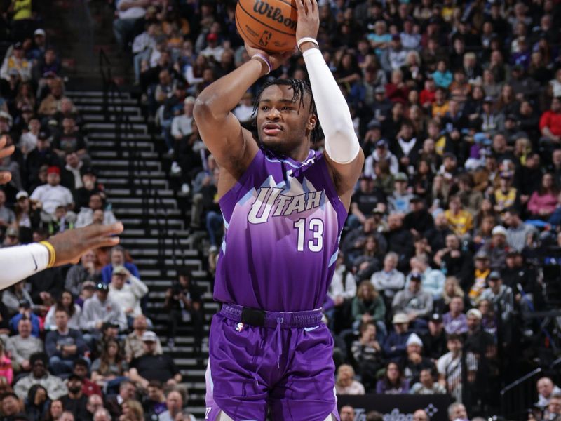 SALT LAKE CITY, UT - FEBRUARY 12: Isaiah Collier #13 of the Utah Jazz three point basket during the game against the Los Angeles Lakers on February 12, 2025 at Delta Center in Salt Lake City, Utah. NOTE TO USER: User expressly acknowledges and agrees that, by downloading and or using this Photograph, User is consenting to the terms and conditions of the Getty Images License Agreement. Mandatory Copyright Notice: Copyright 2025 NBAE(Photo by Melissa Majchrzak/NBAE via Getty Images)