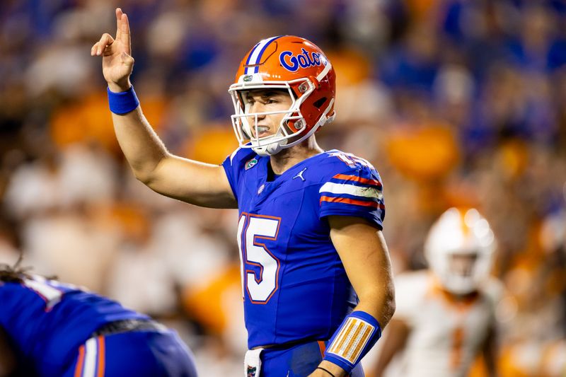 Sep 16, 2023; Gainesville, Florida, USA; Florida Gators quarterback Graham Mertz (15) gestures during the second half against the Tennessee Volunteers at Ben Hill Griffin Stadium. Mandatory Credit: Matt Pendleton-USA TODAY Sports