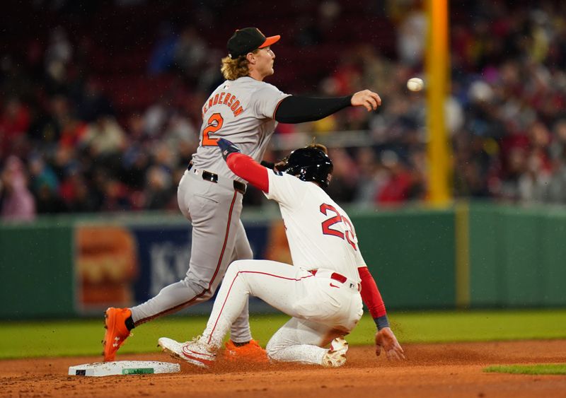 Apr 10, 2024; Boston, Massachusetts, USA; Baltimore Orioles shortstop Gunnar Henderson (2) makes the play at second against Boston Red Sox shortstop Romy Gonzalez (23) in the second inning at Fenway Park. Mandatory Credit: David Butler II-USA TODAY Sports