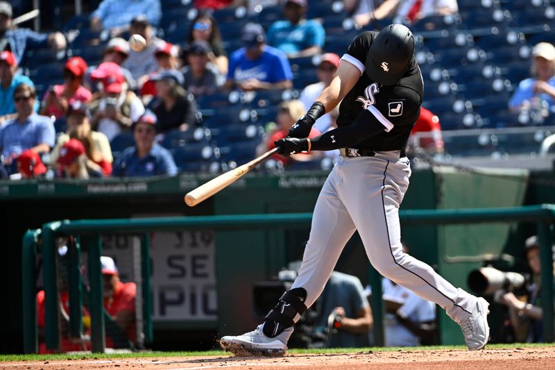 Sep 20, 2023; Washington, District of Columbia, USA; Chicago White Sox right fielder Gavin Sheets (32) hits a RBI sacrifice fly against the Washington Nationals during the second inning at Nationals Park. Mandatory Credit: Brad Mills-USA TODAY Sports