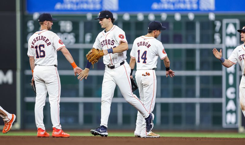 May 16, 2024; Houston, Texas, USA; Houston Astros left fielder Joey Loperfido (10) celebrates with teammates after the game against the Oakland Athletics at Minute Maid Park. Mandatory Credit: Troy Taormina-USA TODAY Sports