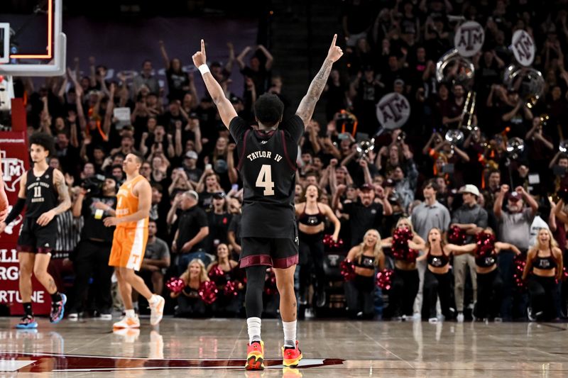 Feb 21, 2023; College Station, Texas, USA; Texas A&M Aggies guard Wade Taylor IV (4) reacts to their win over Tennessee Volunteers at Reed Arena. Mandatory Credit: Maria Lysaker-USA TODAY Sports