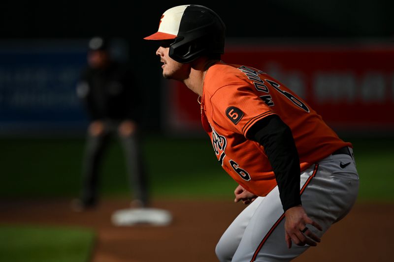 Oct 8, 2023; Baltimore, Maryland, USA; Baltimore Orioles first baseman Ryan Mountcastle (6) leads off first base during the first inning against the Texas Rangers during game two of the ALDS for the 2023 MLB playoffs at Oriole Park at Camden Yards. Mandatory Credit: Tommy Gilligan-USA TODAY Sports