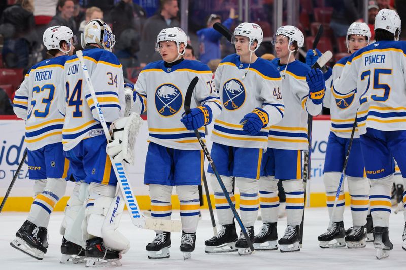 Feb 2, 2026; Sunrise, Florida, USA; Buffalo Sabres defenseman Zach Metsa (73) celebrates with goaltender Alex Lyon (34) after the game against the Florida Panthers at Amerant Bank Arena. Mandatory Credit: Sam Navarro-Imagn Images