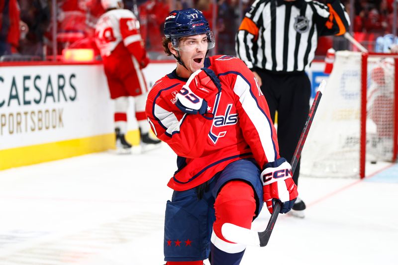 Mar 26, 2024; Washington, District of Columbia, USA; Washington Capitals center Dylan Strome (17) celebrates after scoring a goal against the Detroit Red Wings during the third period at Capital One Arena. Mandatory Credit: Amber Searls-USA TODAY Sports