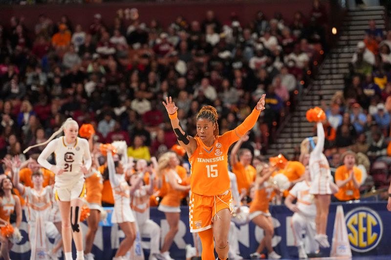 Mar 9, 2024; Greensville, SC, USA; Tennessee Lady Vols guard Jasmine Powell (15) celebrates as the Tennessee Lady Vols close the gap against the South Carolina Gamecocks during the second half at Bon Secours Wellness Arena. Mandatory Credit: Jim Dedmon-USA TODAY Sports