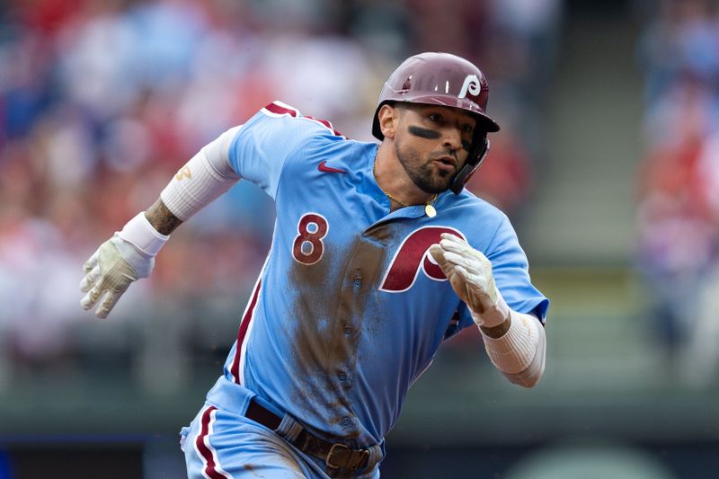 Apr 27, 2023; Philadelphia, Pennsylvania, USA; Philadelphia Phillies right fielder Nick Castellanos (8) runs the bases on his way to scoring during the second inning against the Seattle Mariners at Citizens Bank Park. Mandatory Credit: Bill Streicher-USA TODAY Sports