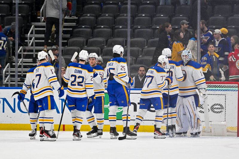 Jan 24, 2023; St. Louis, Missouri, USA;  Buffalo Sabres celebrate after defeating the St. Louis Blues at Enterprise Center. Mandatory Credit: Jeff Curry-USA TODAY Sports