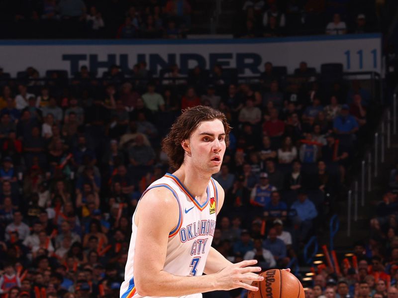 OKLAHOMA CITY, OK - MARCH 12: Josh Giddey #3 of the Oklahoma City Thunder handles the ball during the game against the Indiana Pacers on March 12, 2024 at Paycom Arena in Oklahoma City, Oklahoma. NOTE TO USER: User expressly acknowledges and agrees that, by downloading and or using this photograph, User is consenting to the terms and conditions of the Getty Images License Agreement. Mandatory Copyright Notice: Copyright 2024 NBAE (Photo by Zach Beeker/NBAE via Getty Images)