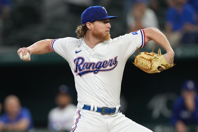 Sep 20, 2023; Arlington, Texas, USA; Texas Rangers starting pitcher Jon Gray (22) delivers to the Boston Red Sox during the first inning at Globe Life Field. Mandatory Credit: Jim Cowsert-USA TODAY Sports