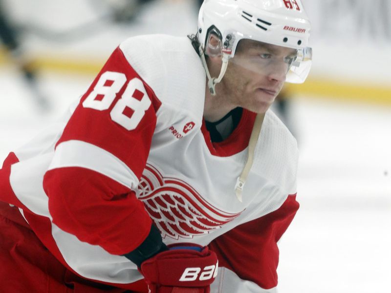 Mar 17, 2024; Pittsburgh, Pennsylvania, USA;  Detroit Red Wings right wing Patrick Kane (88) warms up before the game against the Pittsburgh Penguins at PPG Paints Arena. Mandatory Credit: Charles LeClaire-USA TODAY Sports