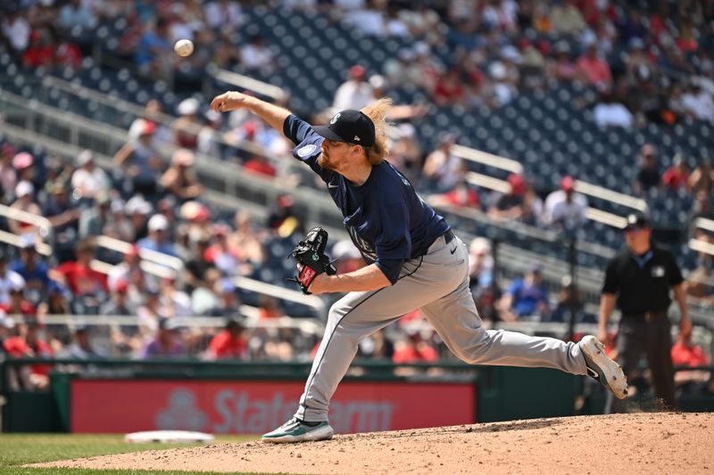May 26, 2024; Washington, District of Columbia, USA; Seattle Mariners relief pitcher Ryne Stanek (45) throws a pitch against the Washington Nationals during the seventh inning at Nationals Park. Mandatory Credit: Rafael Suanes-USA TODAY Sports