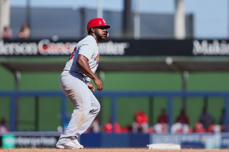 Feb 25, 2024; West Palm Beach, Florida, USA; St. Louis Cardinals outfielder Moises Gomez (36) runs from second base against the Houston Astros during the eighth inning at CACTI Park of the Palm Beaches. Mandatory Credit: Sam Navarro-USA TODAY Sports