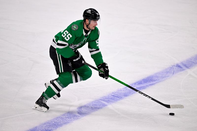 Nov 9, 2025; Dallas, Texas, USA; Dallas Stars defenseman Thomas Harley (55) skates against the Seattle Kraken during the second period at the American Airlines Center. Mandatory Credit: Jerome Miron-Imagn Images