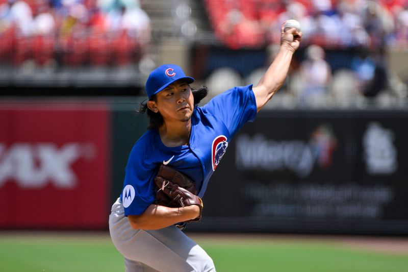 Jun 26, 2025; St. Louis, Missouri, USA;  Chicago Cubs starting pitcher Shota Imanaga (18) pitches against the St. Louis Cardinals during the first inning at Busch Stadium. Mandatory Credit: Jeff Curry-Imagn Images
