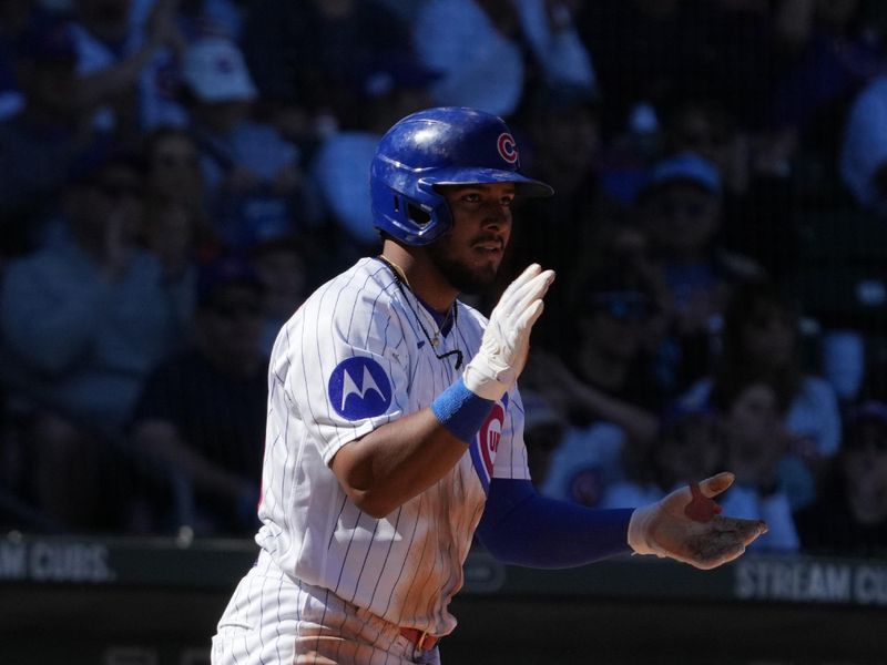 Feb 21, 2026; Mesa, Arizona, USA; Chicago Cubs second baseman Pedro Ramirez (75) celebrates after scoring a run against the Texas Rangers in the second inning at Sloan Park. Mandatory Credit: Rick Scuteri-Imagn Images