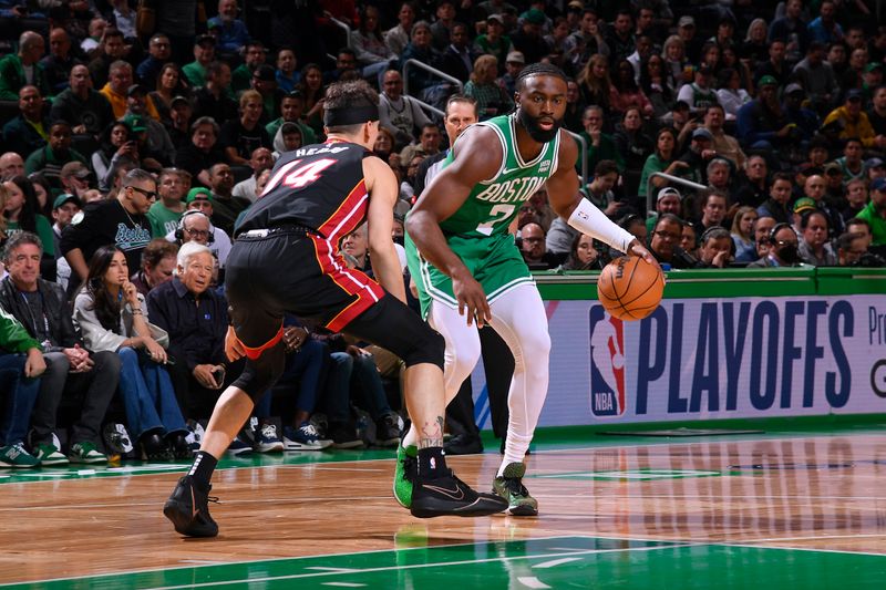 BOSTON, MA - APRIL 24: Jaylen Brown #7 of the Boston Celtics handles the ball during the game  against the Miami Heat  during Round 1 Game 2 of the 2024 NBA Playoffs on April 24, 2024 at the TD Garden in Boston, Massachusetts. NOTE TO USER: User expressly acknowledges and agrees that, by downloading and or using this photograph, User is consenting to the terms and conditions of the Getty Images License Agreement. Mandatory Copyright Notice: Copyright 2024 NBAE  (Photo by Brian Babineau/NBAE via Getty Images)