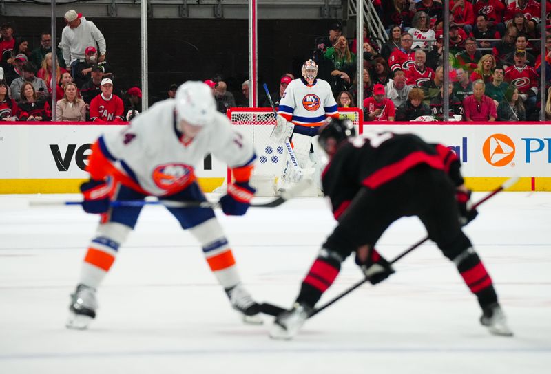 Apr 20, 2024; Raleigh, North Carolina, USA; New York Islanders goaltender Semyon Varlamov (40) looks on against the Carolina Hurricanes during the second period in game one of the first round of the 2024 Stanley Cup Playoffs at PNC Arena. Mandatory Credit: James Guillory-USA TODAY Sports