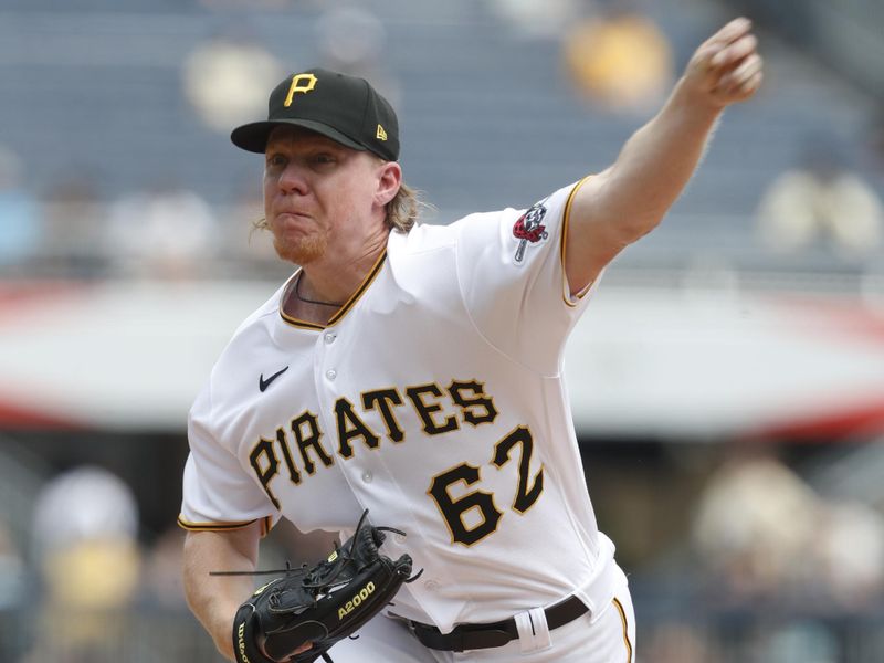 May 24, 2023; Pittsburgh, Pennsylvania, USA; Pittsburgh Pirates relief pitcher Rob Zastryzny (62) pitches against the Texas Rangers during the seventh inning at PNC Park. Mandatory Credit: Charles LeClaire-USA TODAY Sports