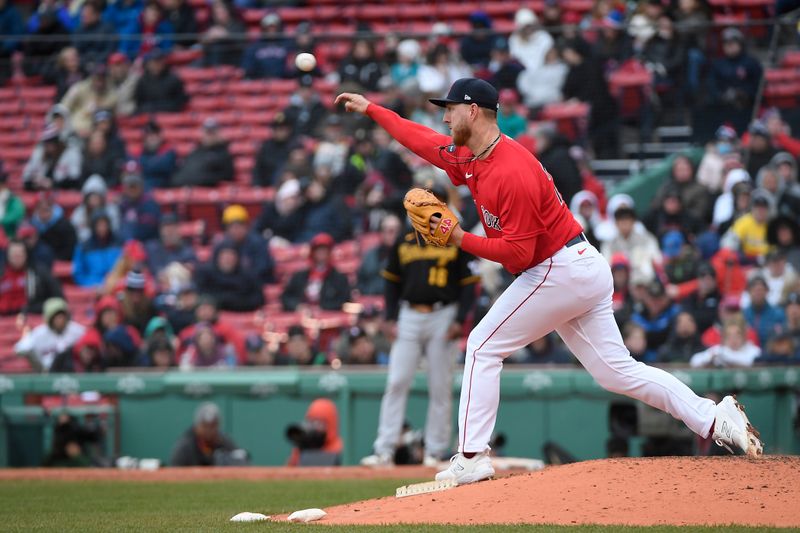 Apr 5, 2023; Boston, Massachusetts, USA; Boston Red Sox relief pitcher Zack Kelly (76) throws to second base during the ninth inning against the Pittsburgh Pirates at Fenway Park. Mandatory Credit: Eric Canha-USA TODAY Sports