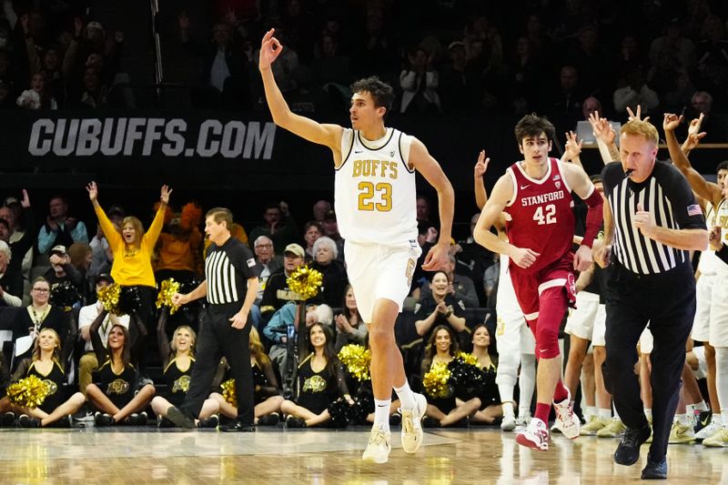 Feb 5, 2023; Boulder, Colorado, USA; Colorado Buffaloes forward Tristan da Silva (23) reacts to his three point basket in the second half against the Stanford Cardinal at the CU Events Center. Mandatory Credit: Ron Chenoy-USA TODAY Sports