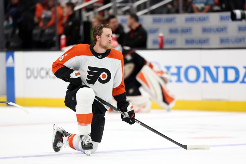 Nov 10, 2023; Anaheim, California, USA; Philadelphia Flyers defenseman Travis Sanheim (6) warms up before the game against the Anaheim Ducks at Honda Center. Mandatory Credit: Kiyoshi Mio-USA TODAY Sports