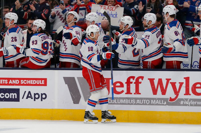 Feb 25, 2024; Columbus, Ohio, USA; New York Rangers left wing Artemi Panarin (10) celebrates his goal against the Columbus Blue Jackets during the first period at Nationwide Arena. Mandatory Credit: Russell LaBounty-USA TODAY Sports