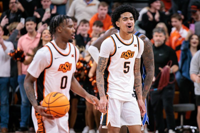 Feb 4, 2026; Stillwater, Oklahoma, USA; Oklahoma State Cowboys guard Vyctorius Miller (5) reacts after a game against the BYU Cougars at Gallagher-Iba Arena. Mandatory Credit: William Purnell-Imagn Images