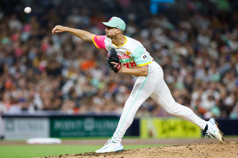 Sep 6, 2024; San Diego, California, USA; San Diego Padres relief pitcher Bryan Hoeing (78) throws a pitch during the seventh inning against the San Francisco Giants at Petco Park. Mandatory Credit: David Frerker-Imagn Images