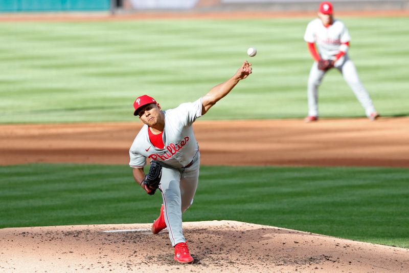 Apr 6, 2024; Washington, District of Columbia, USA; Philadelphia Phillies pitcher Ranger Suarez (55) pitches against the Washington Nationals during the sixth inning at Nationals Park. Mandatory Credit: Geoff Burke-USA TODAY Sports