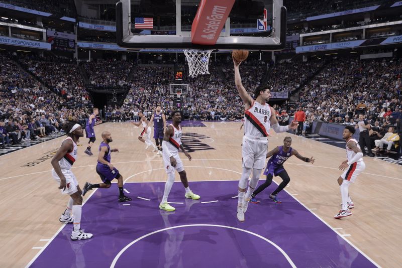 SACRAMENTO, CA - OCTOBER 28: Deni Avdija #8 of the Portland Trail Blazers goes up for the rebound during the game against the Sacramento Kings on October 28, 2024 at Golden 1 Center in Sacramento, California. NOTE TO USER: User expressly acknowledges and agrees that, by downloading and or using this Photograph, user is consenting to the terms and conditions of the Getty Images License Agreement. Mandatory Copyright Notice: Copyright 2024 NBAE (Photo by Rocky Widner/NBAE via Getty Images)