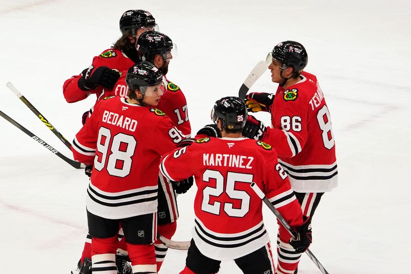 Dec 1, 2024; Chicago, Illinois, USA; Chicago Blackhawks left wing Nick Foligno (17) celebrates his goal against the Columbus Blue Jackets during the third period at United Center. Mandatory Credit: David Banks-Imagn Images