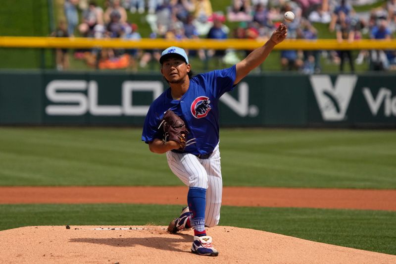 Mar 26, 2024; Mesa, Arizona, USA; Chicago Cubs starting pitcher Shota Imanaga (18) throws against the St. Louis Cardinals in the first inning at Sloan Park. Mandatory Credit: Rick Scuteri-USA TODAY Sports