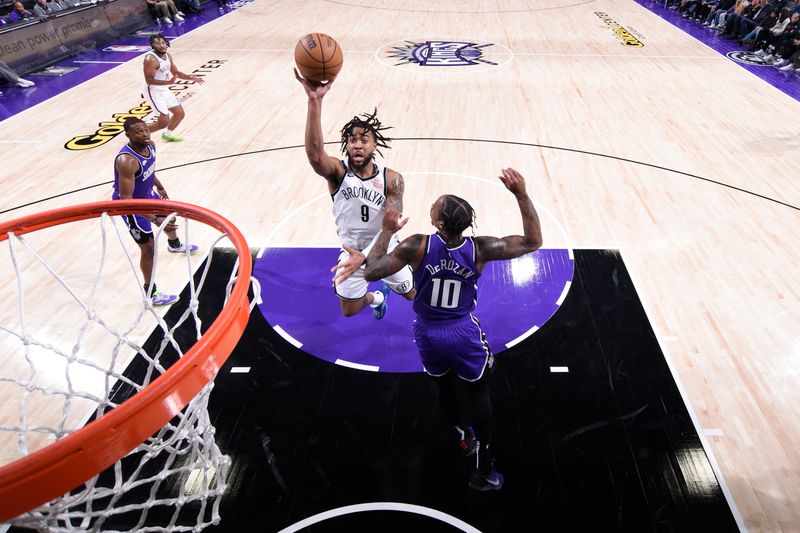 SACRAMENTO, CA - NOVEMBER 24: Trendon Watford #9 of the Brooklyn Nets shoots the ball during the game against the Sacramento Kings on November 24, 2024 at Golden 1 Center in Sacramento, California. NOTE TO USER: User expressly acknowledges and agrees that, by downloading and or using this Photograph, user is consenting to the terms and conditions of the Getty Images License Agreement. Mandatory Copyright Notice: Copyright 2024 NBAE (Photo by Rocky Widner/NBAE via Getty Images)