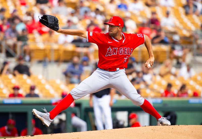 Mar 14, 2024; Phoenix, Arizona, USA; Los Angeles Angels pitcher Tyler Anderson against the Chicago White Sox during a spring training baseball game at Camelback Ranch-Glendale. Mandatory Credit: Mark J. Rebilas-USA TODAY Sports