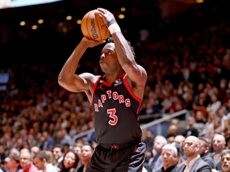 TORONTO, CANADA - FEBRUARY 23: OG Anunoby #3 of the Toronto Raptors shoots a three point basket against the New Orleans Pelicans on February 23, 2023 at the Scotiabank Arena in Toronto, Ontario, Canada.  NOTE TO USER: User expressly acknowledges and agrees that, by downloading and or using this Photograph, user is consenting to the terms and conditions of the Getty Images License Agreement.  Mandatory Copyright Notice: Copyright 2023 NBAE (Photo by Vaughn Ridley/NBAE via Getty Images)