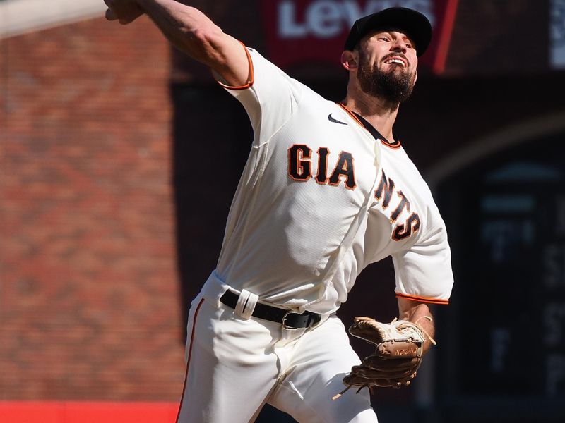 Aug 27, 2023; San Francisco, California, USA; San Francisco Giants starting pitcher Tristan Beck (43) pitches the ball against the Atlanta Braves during the first inning at Oracle Park. Mandatory Credit: Kelley L Cox-USA TODAY Sports