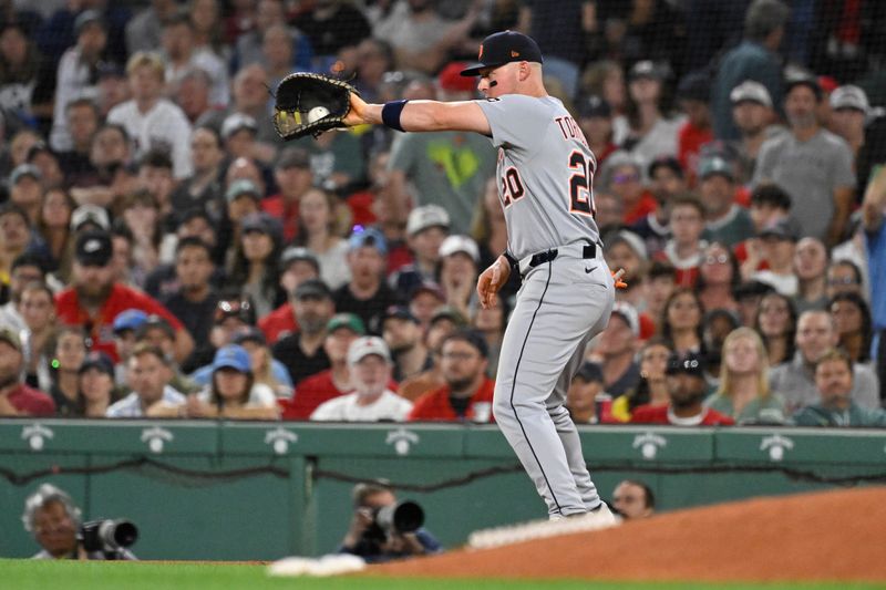 Sep 26, 2025; Boston, Massachusetts, USA; Detroit Tigers first baseman Spencer Torkelson (20) makes a catch for an out against the Boston Red Sox during the sixth inning at Fenway Park. Mandatory Credit: Eric Canha-Imagn Images