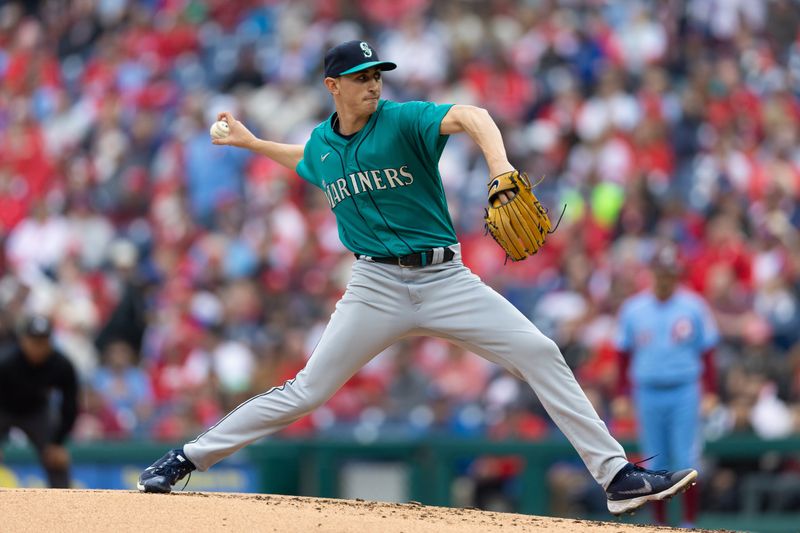 Apr 27, 2023; Philadelphia, Pennsylvania, USA; Seattle Mariners starting pitcher George Kirby (68) throws a pitch during the second inning against the Philadelphia Phillies at Citizens Bank Park. Mandatory Credit: Bill Streicher-USA TODAY Sports