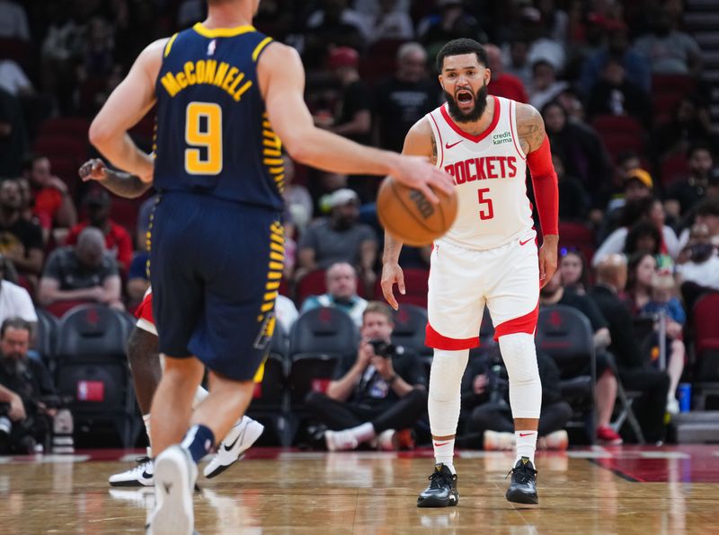 HOUSTON, TEXAS - OCTOBER 10: Fred VanVleet #5 of the Houston Rockets yells during the preseason game against the Indiana Pacers at Toyota Center on October 10, 2023 in Houston, Texas. NOTE TO USER: User expressly acknowledges and agrees that, by downloading and or using this photograph, User is consenting to the terms and conditions of the Getty Images License Agreement. (Photo by Alex Bierens de Haan/Getty Images)