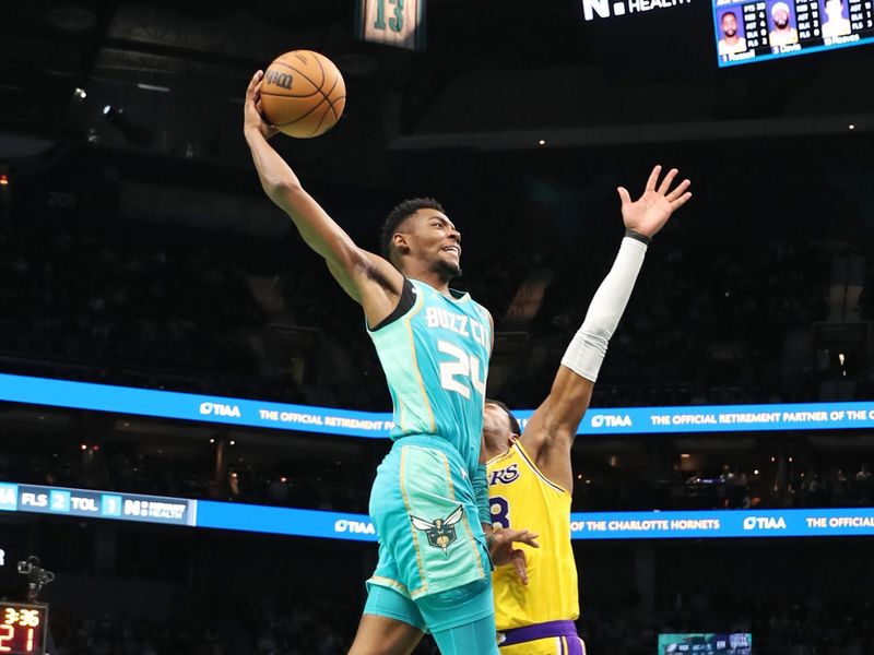 CHARLOTTE, NC - FEBRUARY 5: Brandon Miller #24 of the Charlotte Hornets drives to the basket during the game against the Los Angeles Lakers on February 5, 2024 at Spectrum Center in Charlotte, North Carolina. NOTE TO USER: User expressly acknowledges and agrees that, by downloading and or using this photograph, User is consenting to the terms and conditions of the Getty Images License Agreement.  Mandatory Copyright Notice:  Copyright 2024 NBAE (Photo by Brock Williams-Smith/NBAE via Getty Images)