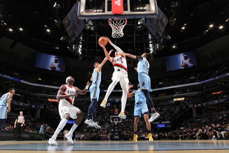 MEMPHIS, TN - MARCH 2: Dalano Banton #5 of the Portland Trail Blazers shoots the ball during the game against the Memphis Grizzlies on March 2, 2024 at FedExForum in Memphis, Tennessee. NOTE TO USER: User expressly acknowledges and agrees that, by downloading and or using this photograph, User is consenting to the terms and conditions of the Getty Images License Agreement. Mandatory Copyright Notice: Copyright 2024 NBAE (Photo by Joe Murphy/NBAE via Getty Images)