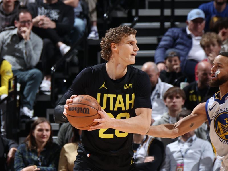 SALT LAKE CITY, UT - FEBRUARY 12: Lauri Markkanen #23 of the Utah Jazz handles the ball during the game against the Golden State Warriors on February 12, 2024 at Delta Center in Salt Lake City, Utah. NOTE TO USER: User expressly acknowledges and agrees that, by downloading and or using this Photograph, User is consenting to the terms and conditions of the Getty Images License Agreement. Mandatory Copyright Notice: Copyright 2024 NBAE (Photo by Melissa Majchrzak/NBAE via Getty Images)