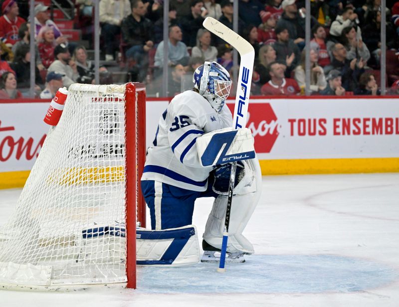 Mar 9, 2024; Montreal, Quebec, CAN; Toronto Maple Leafs goalie Ilya Samsonov (35) takes a breather during the second period of the game against the Montreal Canadiens at the Bell Centre. Mandatory Credit: Eric Bolte-USA TODAY Sports