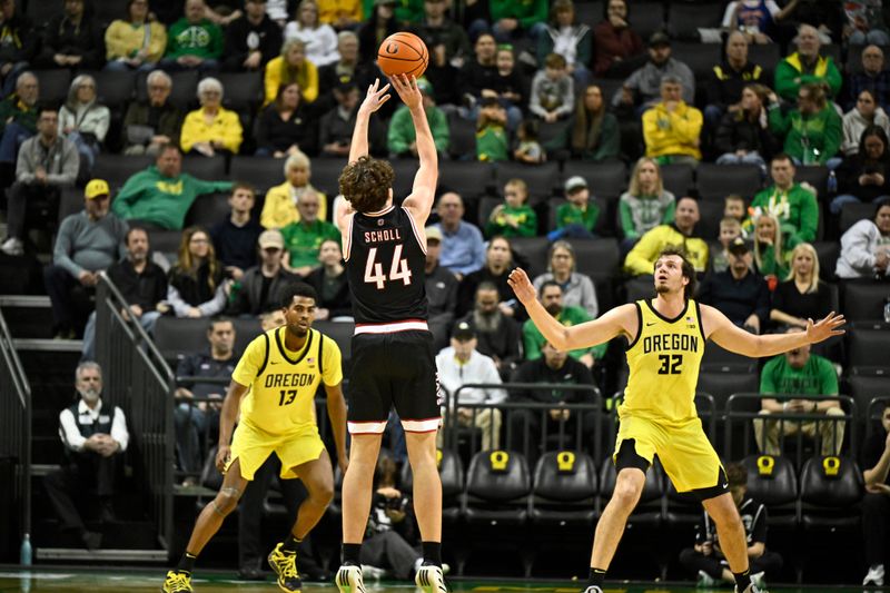 Dec 28, 2025; Eugene, Oregon, USA; Omaha Mavericks forward Brock Scholl (44) shoots the ball during the first half against the Oregon Ducks at Matthew Knight Arena. Mandatory Credit: Craig Strobeck-Imagn Images