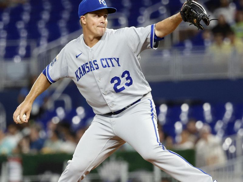 Jun 6, 2023; Miami, Florida, USA; Kansas City Royals starting pitcher Zack Greinke (23) pitches against the Miami Marlins during the first inning at loanDepot Park. Mandatory Credit: Rhona Wise-USA TODAY Sports