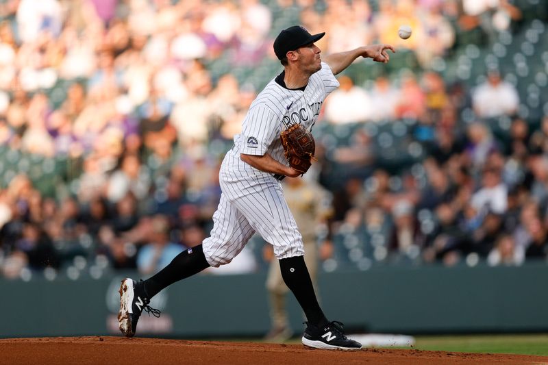 Apr 24, 2024; Denver, Colorado, USA; Colorado Rockies starting pitcher Ty Blach (50) pitches in the first inning against the San Diego Padres at Coors Field. Mandatory Credit: Isaiah J. Downing-USA TODAY Sports